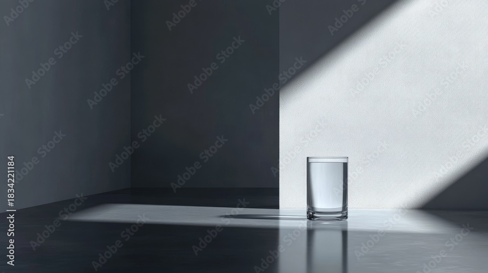 Fototapeta premium Single Transparent Glass of Water on a Minimalistic Surface with Natural Light Creating Shadows in a Modern Indoor Setting