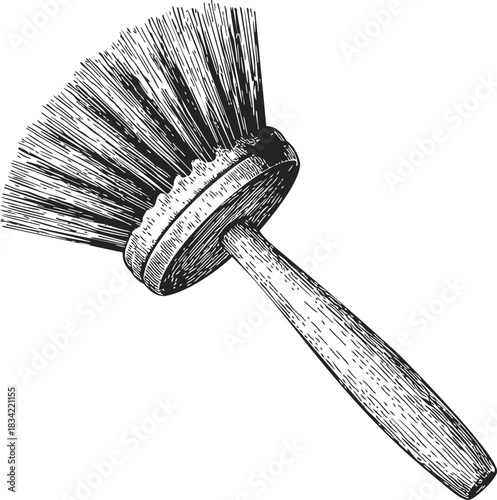 Dish brush sketch hand drawn style with wooden handle and bristles. Vector illustration