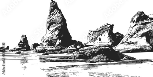 Rock formations sketch hand drawn coastal sea stacks and cliffs landscape. Vector illustration