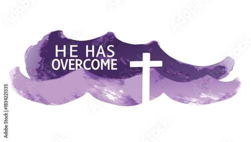 White christian cross with text he has overcome against abstract purple watercolor background