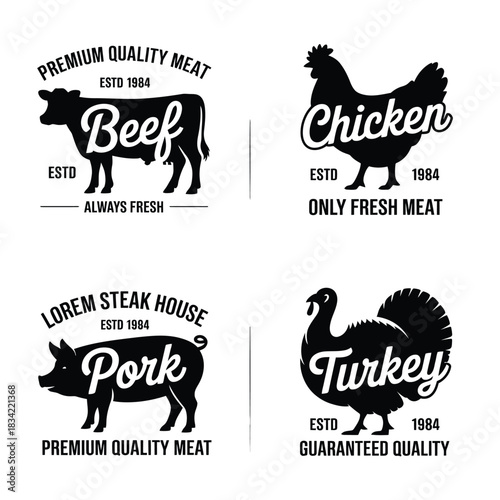 Vintage meat labels featuring beef chicken pork and turkey