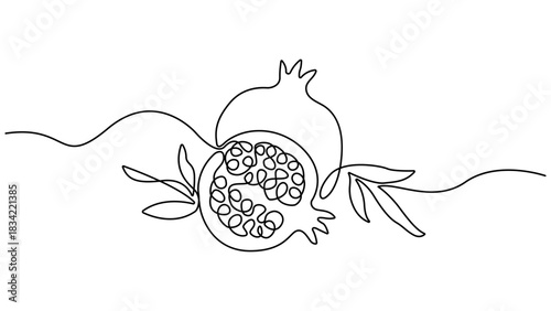 Continuous linear drawing of pomegranate, One line drawing garnet, Happy Shana Tova Fruit contour, Pomegranate in one line style, Abstract minimalistic style, Vector illustration