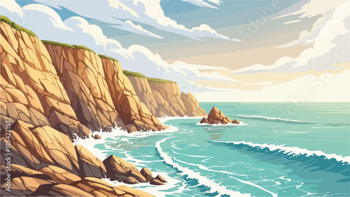 Digital illustration of a rugged coastline with cliffs, waves, and a cloudy sky in a scenic landscape.
