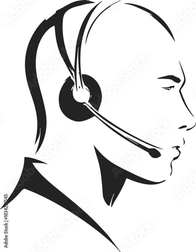 Call center agent sketch hand drawn profile with headset. Vector illustration