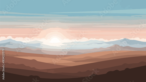 Illustration of a serene mountain landscape at sunset with warm, pastel colors and a clear blue sky.