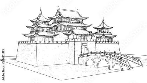 Traditional Chinese castle with arched bridge, water moat, pagoda towers, fine detailed line art, black and white vector, isolated for stock images