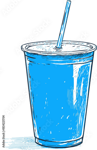 Blue disposable plastic cup with lid and straw, sketch hand drawn style. Vector illustration