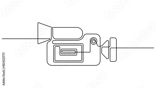 Continuous one line drawing of Professional video camera vector illustration. Continuous one line drawing of a retro cinema camera. with lens and microphone isolated on transparent background