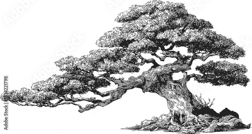 Bonsai tree sketch, hand drawn style, detailed twisted trunk and dense foliage. Vector illustration