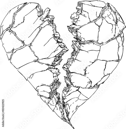 Broken heart sketch, hand drawn cracked heart symbol with jagged split. Vector illustration