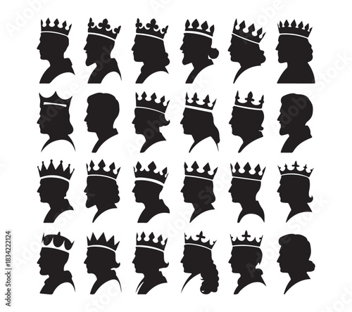  Collection of royal silhouettes featuring diverse crowns and profiles of kings and queens