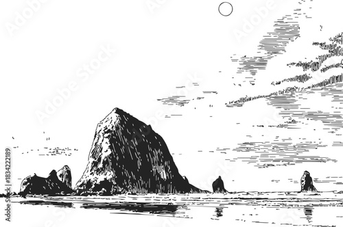 Rock islands sketch, hand drawn limestone formations in calm sea with clouds and sun. Vector illustration