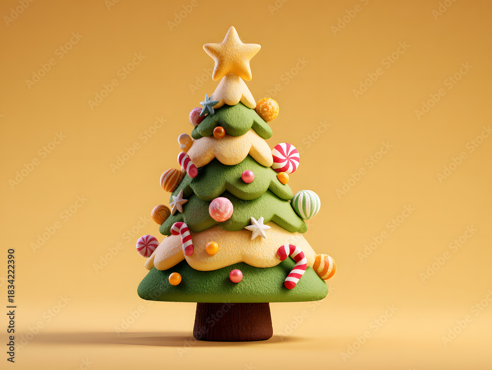 Obraz premium Cute Christmas tree awaiting Christmas. Christmas is near concept design on yellow background with copy space. 3D Rendering, 3D Illustration
