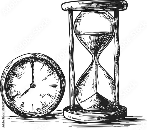 Hourglass and clock sketch, hand drawn vintage timekeeping objects. Vector illustration