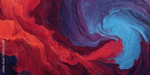 Vibrant, textured abstract swirls display intense contrasts between warm reds and cool blues and purples