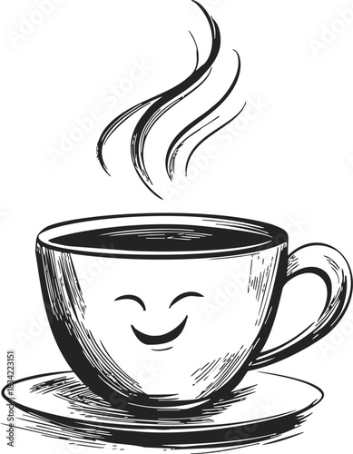 Coffee cup with smiling face sketch, hand drawn style, hot steam rising. Vector illustration