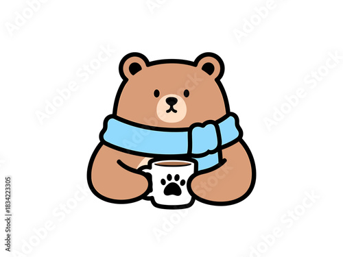 Cute cartoon brown bear wearing blue scarf holding coffee cup