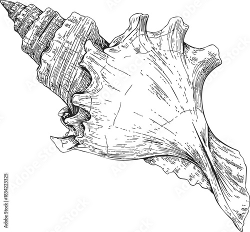 Conch shell sketch, hand drawn detailed marine seashell with textured lines. Vector illustration