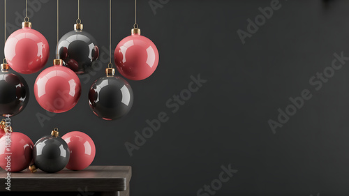 Festive Christmas ornaments in shiny red and black hanging above a surface, perfect for holiday greetings and winter decor