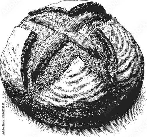 Round artisan bread loaf sketch, hand drawn style with rustic crust texture. Vector illustration