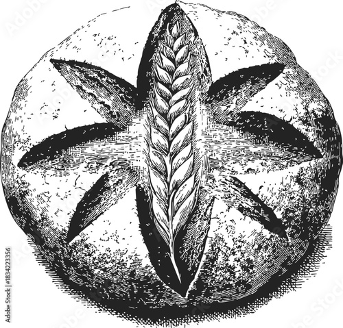 Round artisan bread loaf sketch, hand drawn style, wheat ear scoring pattern. Vector illustration