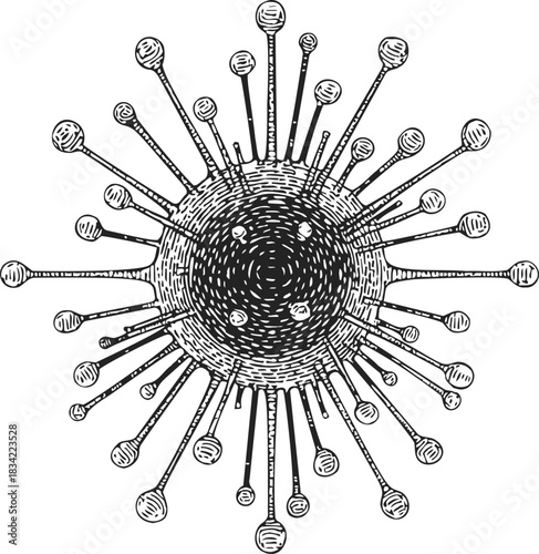 Virus cell sketch hand drawn style with detailed spikes and circular core. Vector illustration