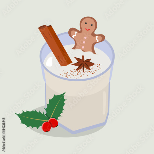 Christmas Eggnog with Gingerbread Cookie and Spices – Festive Holiday Drink Illustration