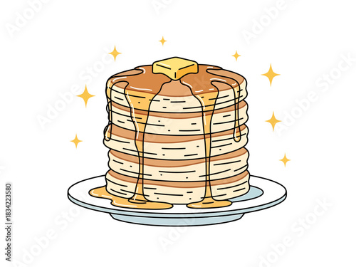 Cartoon stack of fluffy pancakes with melting butter and dripping syrup