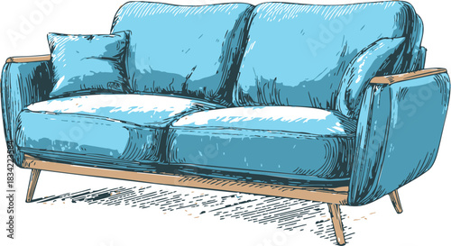 Blue sofa sketch, hand drawn modern couch with cushions. Vector illustration
