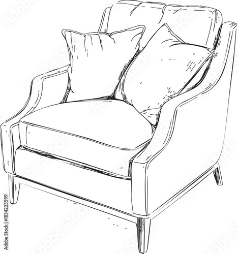 Armchair sketch hand drawn with cushions, modern furniture line art. Vector illustration