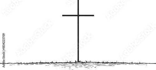 Cross sketch hand drawn on ground with grass and shadow. Vector illustration