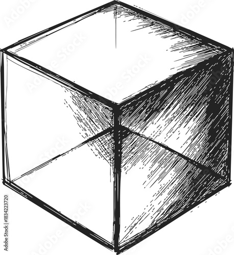 Cube sketch hand drawn with crosshatch shading and bold outlines. Vector illustration