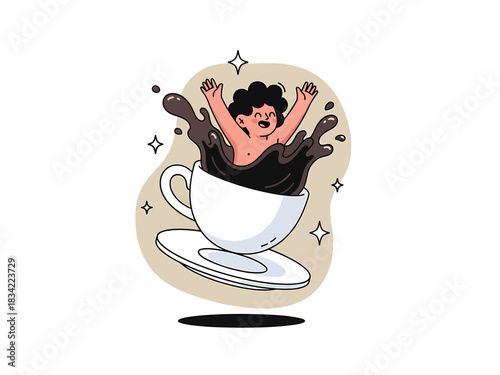 Happy cartoon man jumping out of a splashing coffee cup vector illustration