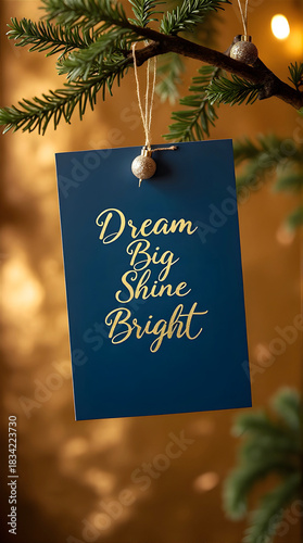 Blue message card with gold letters reading Dream Big Shine Bright hanging on a Christmas tree with a golden background