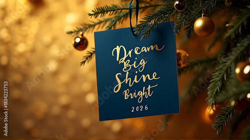 Blue message card with gold text reading Dream Big Shine Bright 2026 hanging on a Christmas tree with a golden background
