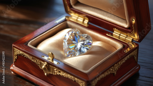 Luxurious heart shaped diamond in ornate wooden jewelry box
