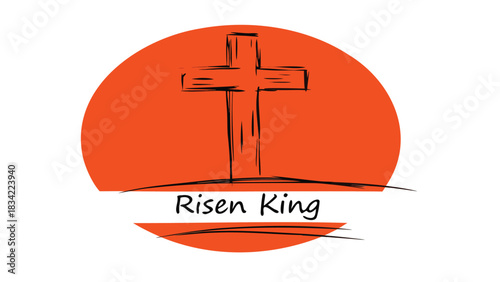 Simple black cross silhouette against a vibrant orange circle with risen king text