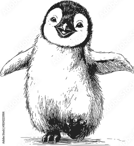 Penguin chick sketch hand drawn happy walking pose. Vector illustration