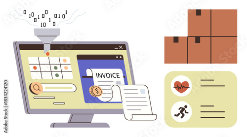 Data funneling into digital system with invoice management, calendar, and search boxes indicate logistics. Ideal for automation, finance, logistics, health, task tracking, workflow simple flat