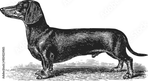 Dachshund dog sketch, hand drawn side profile, standing on ground. Vector illustration