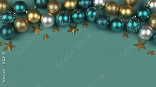 A festive holiday border made of shiny teal, gold, and silver Christmas baubles and stars on a solid green background with ample copy space for seasonal greetings