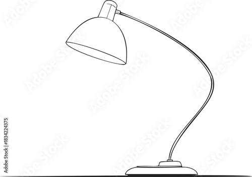 Desk lamp sketch, hand drawn style with curved adjustable arm on table. Vector illustration