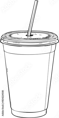 Disposable cup with lid and straw, sketch hand drawn style, isolated on white. Vector illustration