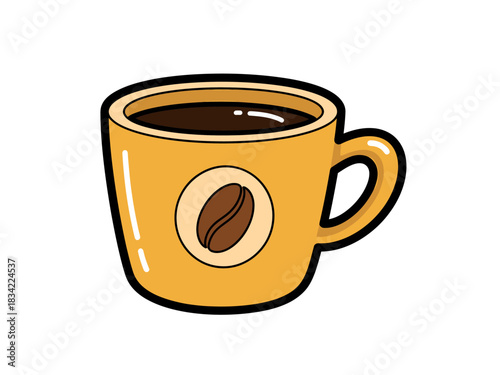 Cartoon vector illustration of a yellow coffee cup with coffee bean icon