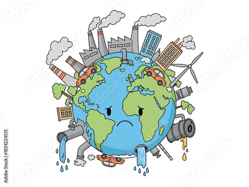Cartoon sad Earth planet suffering from pollution and global warming