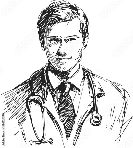 Male doctor sketch hand drawn portrait with stethoscope and suit. Vector illustration