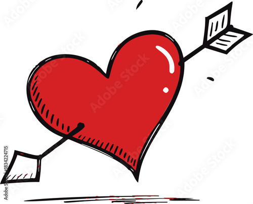Heart with arrow sketch, hand drawn style, playful romantic cartoon symbol. Vector illustration