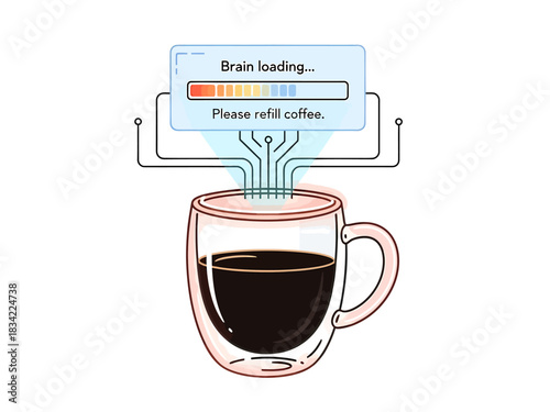 Funny brain loading progress bar with coffee cup vector illustration