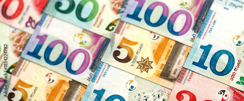 Georgian Lari currency money bills in bunch. GEL currency banknotes with different denomination close up