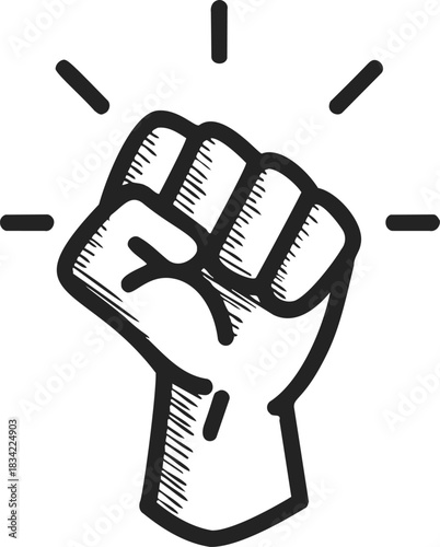 Raised fist sketch hand drawn style symbolizing power and solidarity. Vector illustration